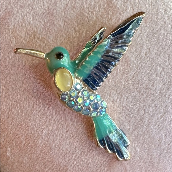 Estate Jewelry - Turquoise, Blue & Yellow Hummingbird Brooch Pin Crystals Rhinestones & Enamel